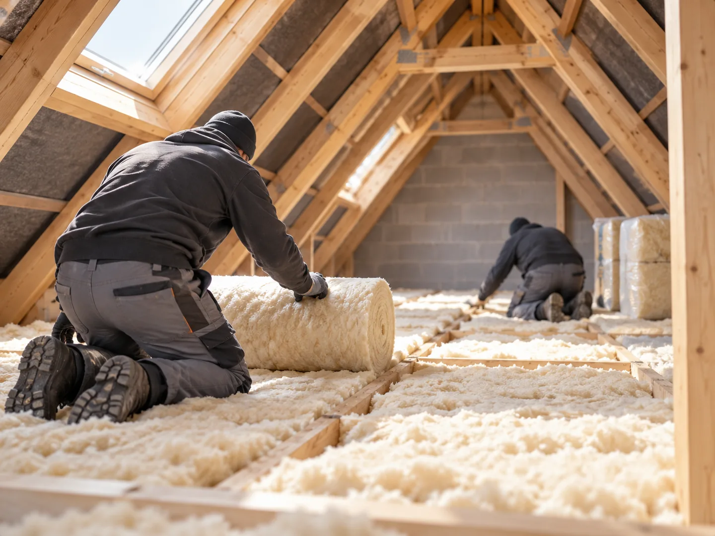 Instalación de aislamiento en una buhardilla con estructura de madera.